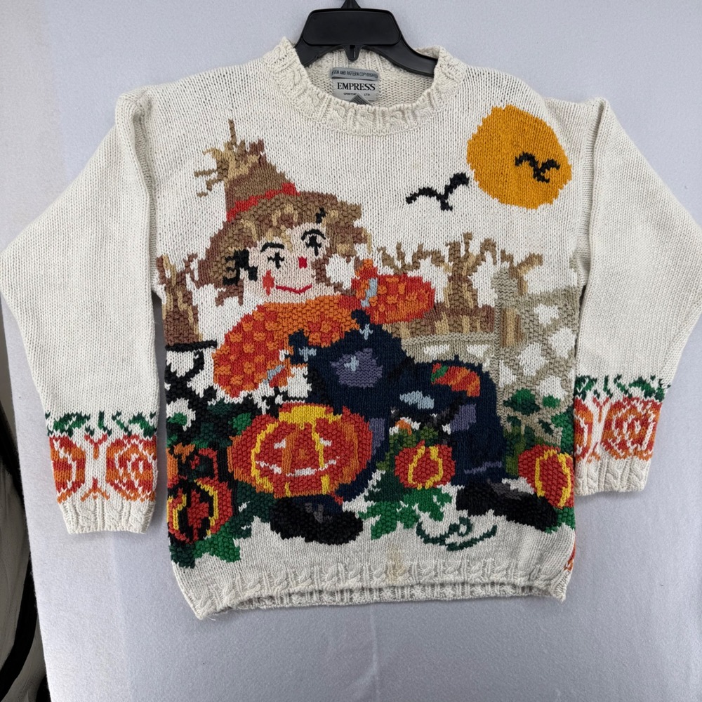 Vintage Empress Sportswear Scarecrow Pumpkin Harvest Knit Sweater Large Cream